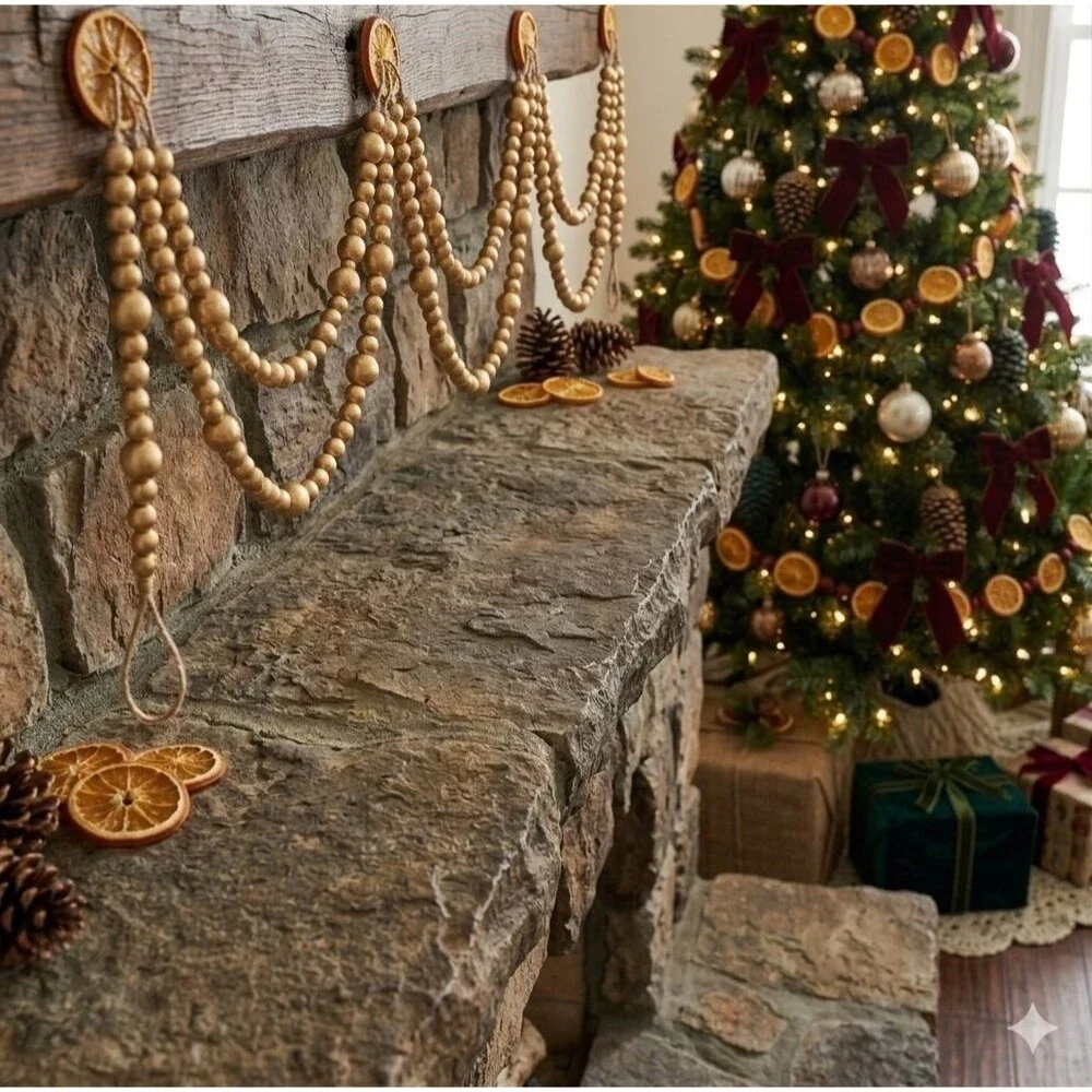 72 ft Antique Gold Wood Bead Garland 4pc Christmas Tree Farmhouse Rustic Decor